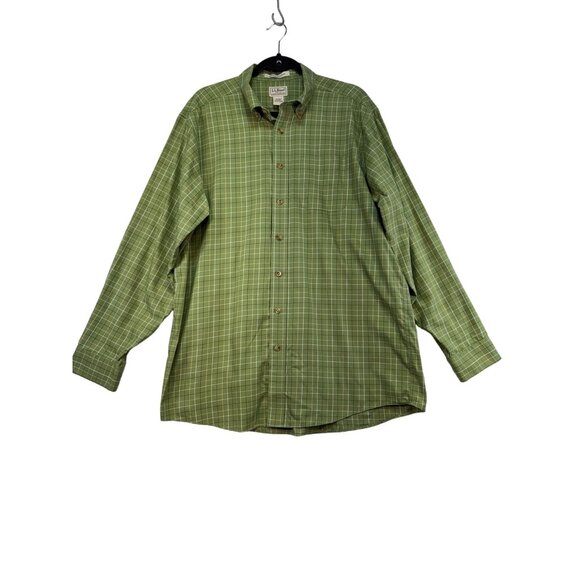 L.L.Bean Mens Long-Sleeve Dress Casual Shirt L Tall Green Plaid Wrinkle Resistan - Picture 1 of 11
